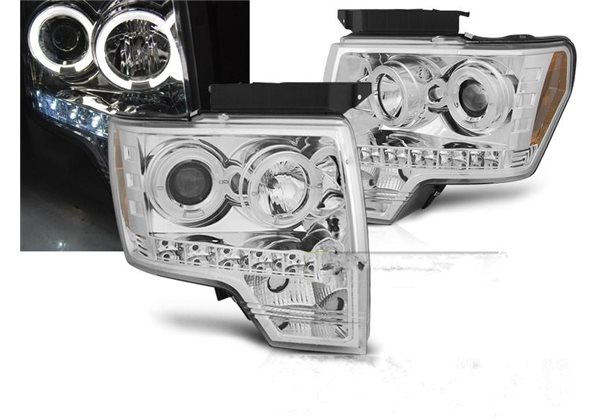 Juego De Faros Delanteros Ford F150 Mk12 08-14 Angel Eyes Chrome